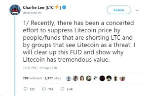 Charlie lee twitter sell litecoin первый майнер биткоинов
